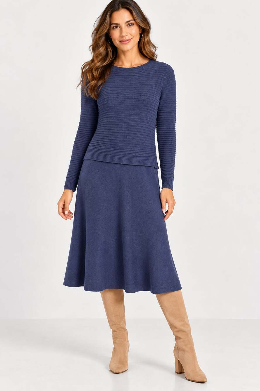 Lafayette 148 Womens M Petite Navy Wool Ribbed Bodice Midi Sweater Dress NEW